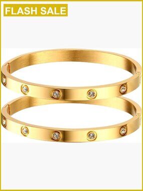 18K Gold Plated Cubic Zirconia Bangle Bracelets, 2-Piece Set, 6.7 Inch